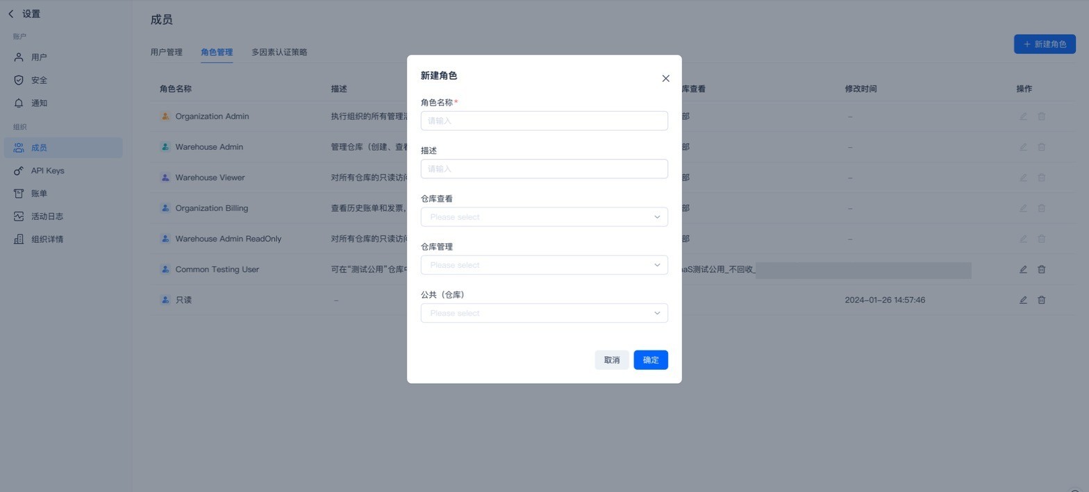 新建角色弹窗（角色名 + 仓库查看 / 管理 / 公共仓库权限）