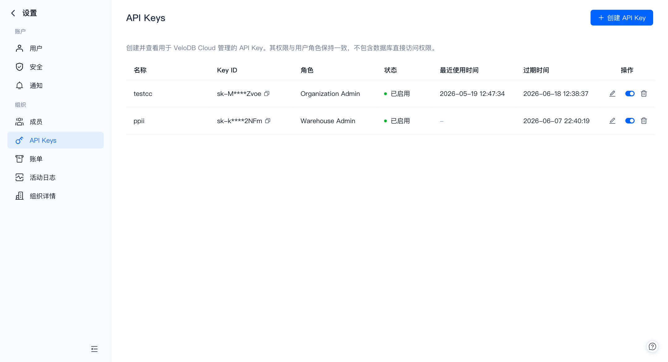API Keys 列表页