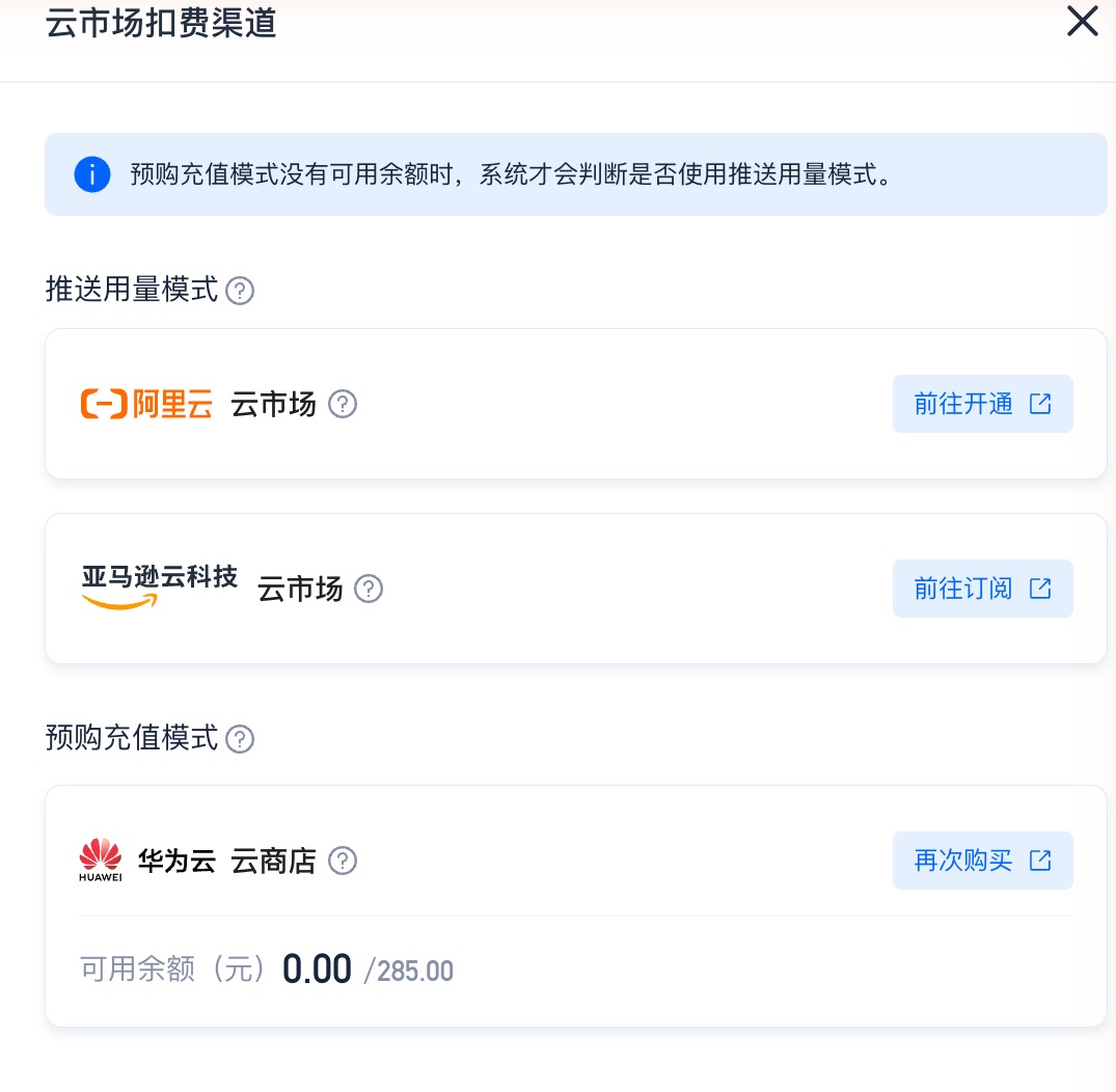 SelectDB Cloud · 费用中心 › 费用总览 · 云市场扣费渠道抽屉（找到「亚马逊云科技云市场」点「前往订阅」）