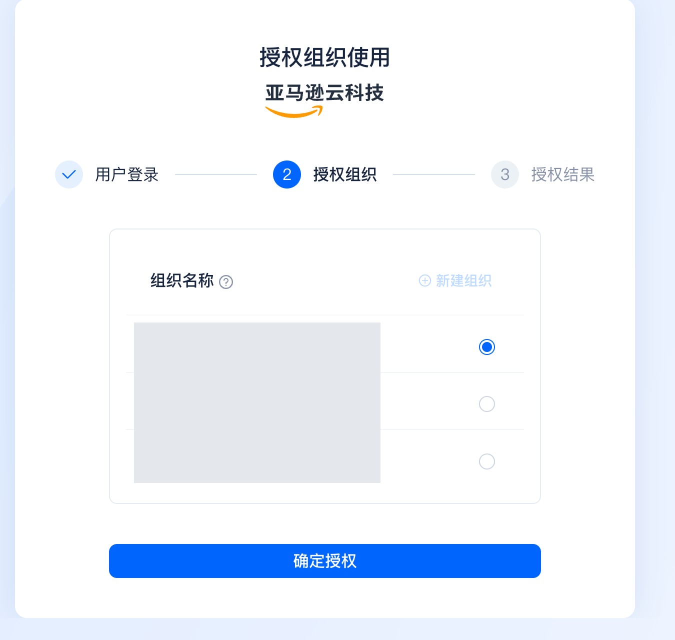 SelectDB Cloud · 扣费渠道授权激活 · 选择目标组织后点「确定授权」开通亚马逊云市场扣费渠道