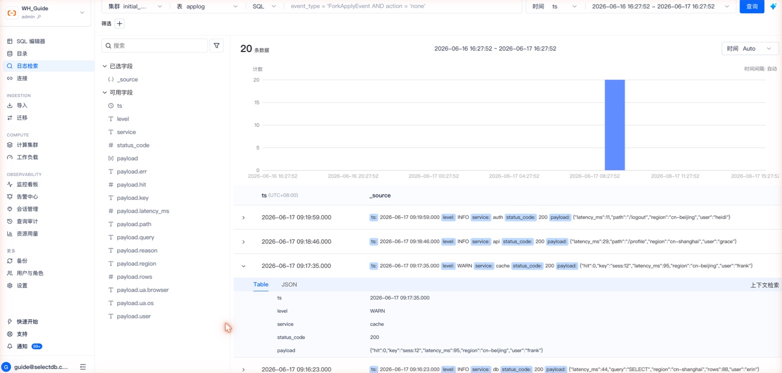 日志检索 · 行明细(Table / JSON)