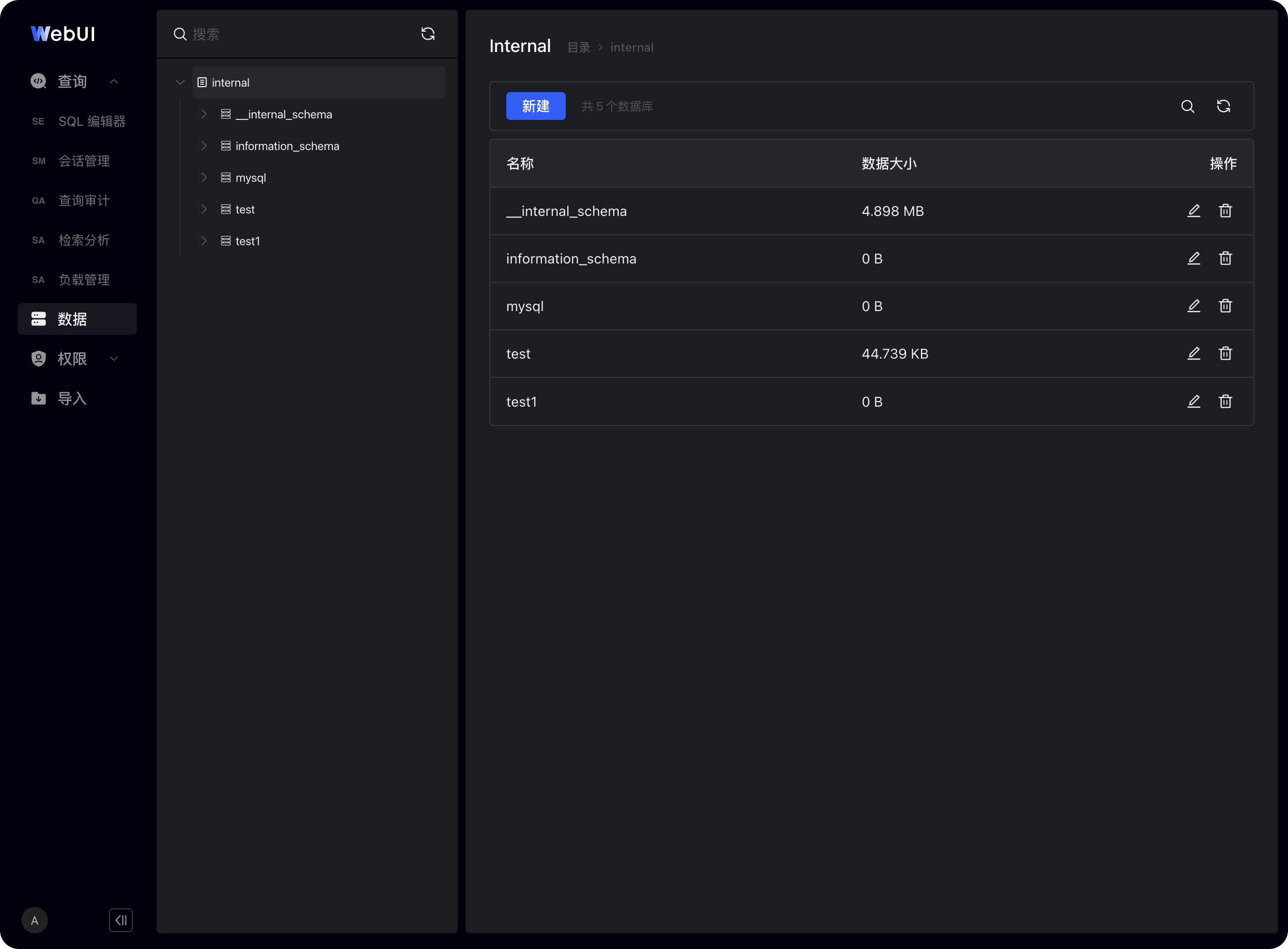图片展示的是SelectDB Enterprise Manager数据管理中数据库页面。左侧导航栏选中“数据库”，下方显示目录“external”下的数据库列表，包括“_internal_schema”“information_schema”“mysql”“test”“test1”，其中“test”数据大小为44.739 KB。右侧是“internal”目录下的数据库列表，显示“_internal_schema”“information_schema”“mysql”“test”“test1”，“test”数据大小为4.898 MB。页面还提供了新建、删除、重命名数据库的操作选项。