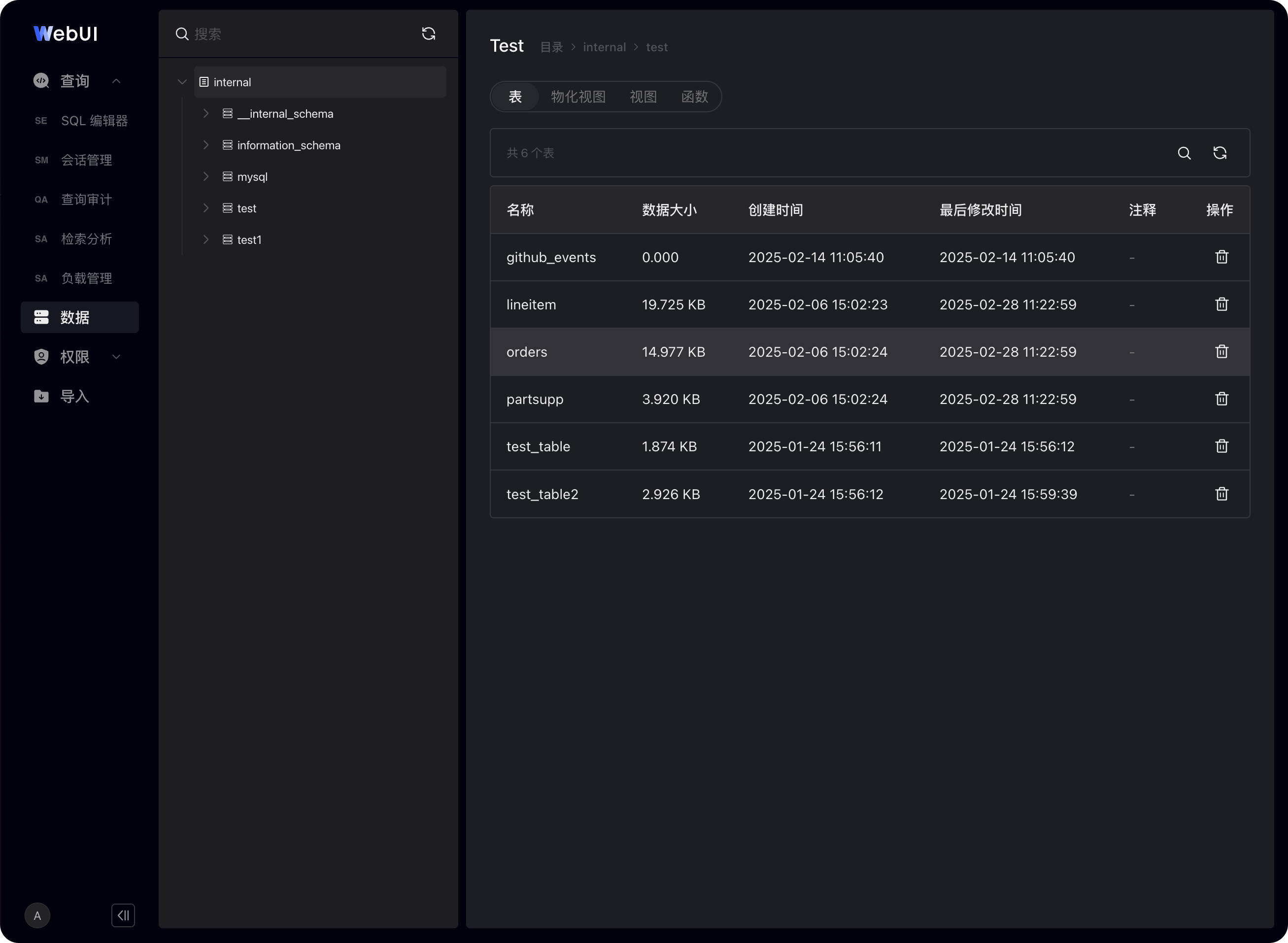 图片展示的是SelectDB Enterprise Manager数据管理中表的详情管理页面。左侧为数据库结构导航栏，选中“test”数据库。右侧上方显示数据库名称“test”，下方有“物理视图”“视图”“函数”三个选项卡。列表中呈现了多个表的名称、数据大小、创建时间、最后修改时间及操作栏，如“github_events”数据大小为0.000 KB等。该图与上下文介绍的点击表进入详情管理页面，查看表DDL定义、字段、索引等信息相呼应。