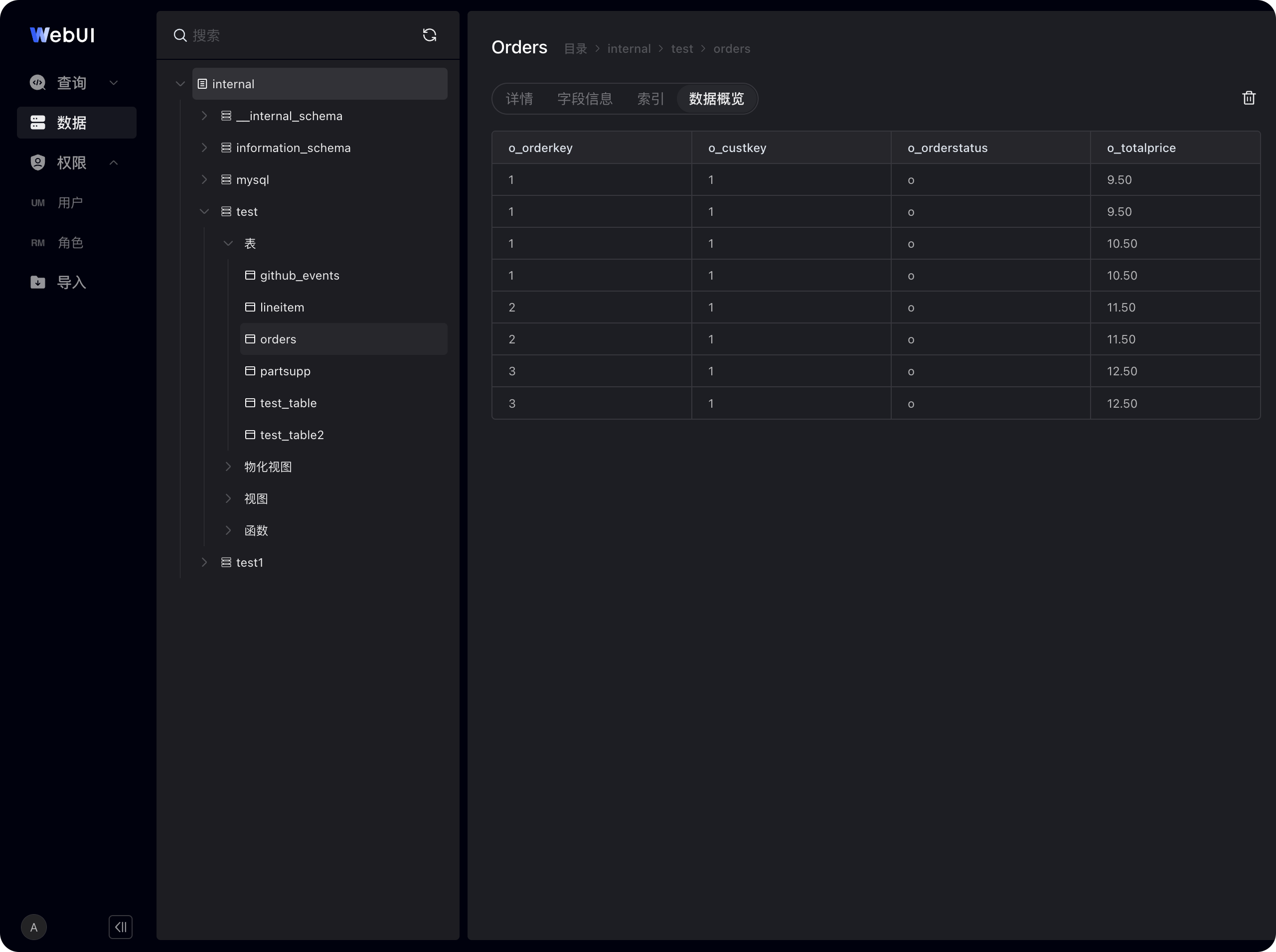 图片展示的是SelectDB Enterprise Manager数据开发WebUI中表页面的界面。左侧为数据库结构导航栏，显示了如internal、github_events等数据库及表。右侧是“Orders”表的数据预览区域，包含o_orderkey、o_custkey、o_orderstatus、o_totalprice等字段，呈现了前100条数据。该图与文档中“表（Table）”部分内容对应，直观呈现了表页面的样式及数据预览功能。