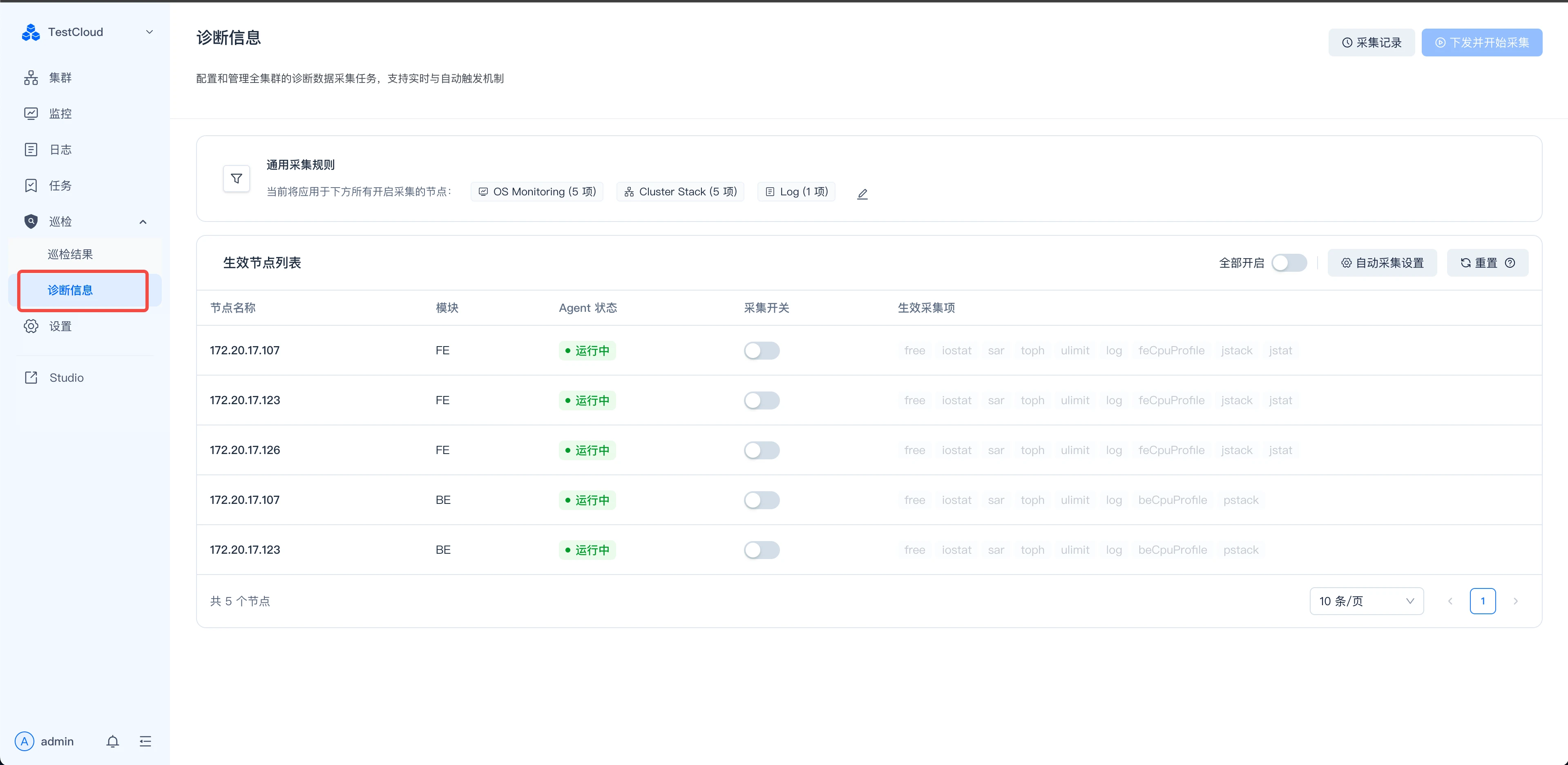 图片展示的是Manager控制台中“诊断信息”页面。页面上方有“诊断信息”标题，下方有“生效节点列表”，列出了多个节点的IP、角色、Agent状态、采集开关、生效采集集等信息，如172.20.17.107的IP、FE角色、Agent状态为“运行中”、采集开关为关闭等。页面右上角有“获取记录”和“下载技术文档”按钮。该页面是新版Manager中新增的诊断采集能力所在，用于查看和管理集群的诊断采集任务。