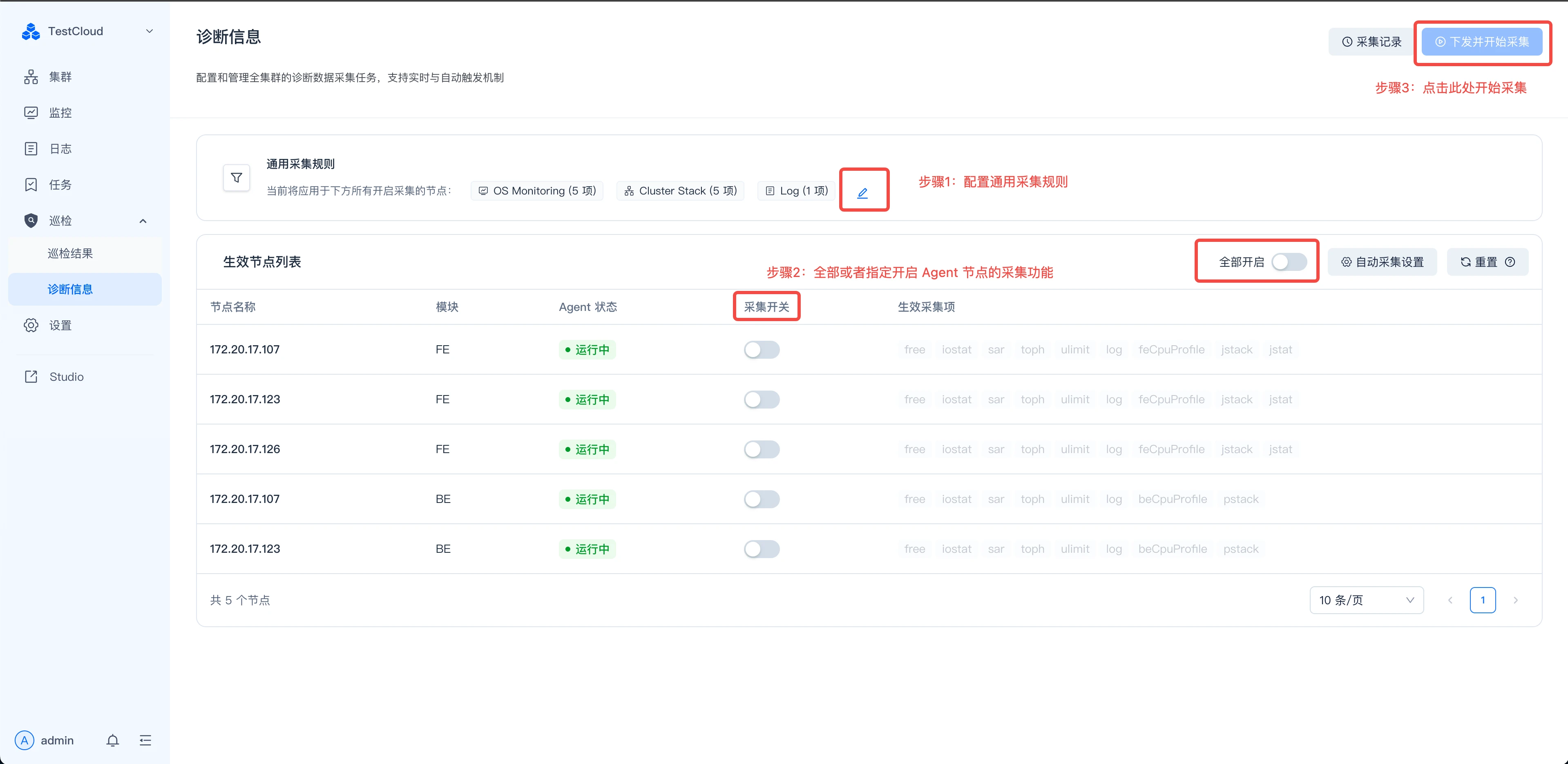 图片展示的是TestCloud平台中“诊断信息”页面，用于配置和管理企业集群的诊断数据采集任务。页面左侧有导航栏，右侧上方有“采集记录”和“下载诊断包或日志”按钮。中间部分显示“生效节点列表”，列出了节点名称、健康状态、Agent状态等信息，部分节点的“采集开关”被红色框突出显示。该图片与上下文推荐使用流程相关，直观呈现了在“诊断信息”页面中配置和管理诊断数据采集任务的操作界面。
