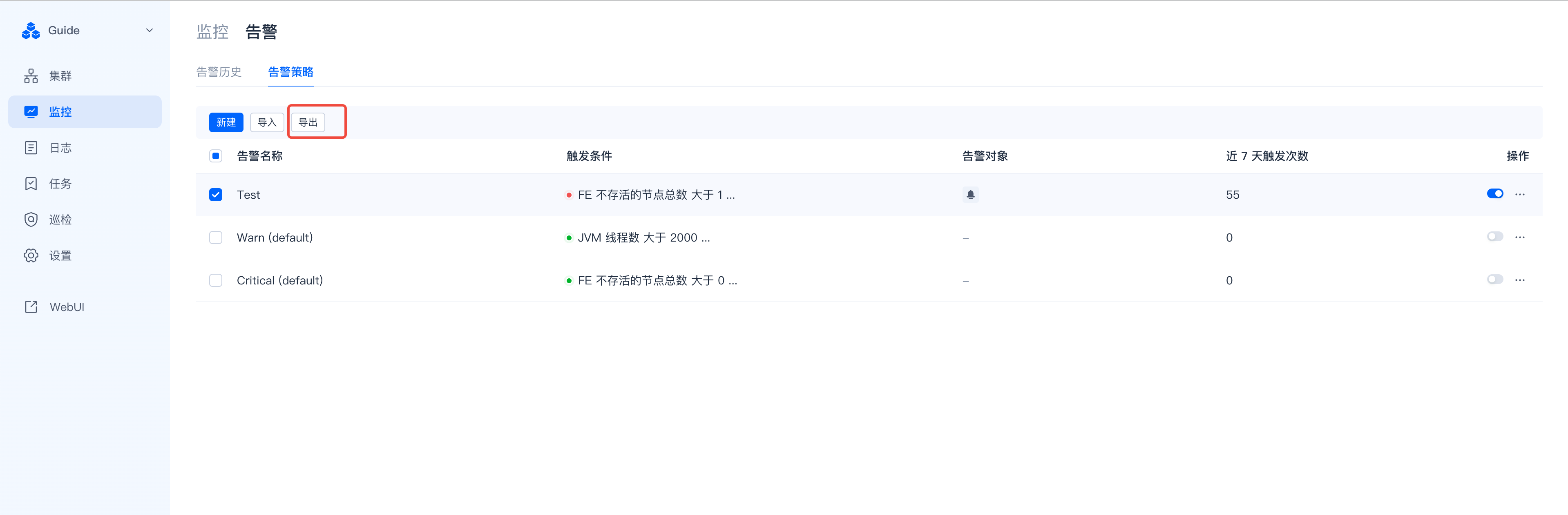 这张图片展示的是SelectDB Enterprise Manager的告警策略相关页面，处于“监控”模块下的“告警-告警策略”页面，页面顶部有“导入”和“导出”两个功能按钮，其中“导出”按钮被红色框突出标注。页面下方以列表形式呈现现有告警策略，列表包含“告警名称”“触发条件”“告警对象”“近7天触发次数”“操作”几列，当前已勾选“Test”告警策略，该策略对应触发条件为“FE 不存活的节点总数大于1...”，近7天触发次数为55，其操作栏的开关处于开启状态；页面还显示另外两条默认的Warn、Critical告警策略，触发条件分别为JVM线程数大于2000、FE不存活的节点总数大于0，近7天触发次数均为0。此页面对应文档中导出告警策略的相关内容，用于提供告警策略导出操作的界面参考。