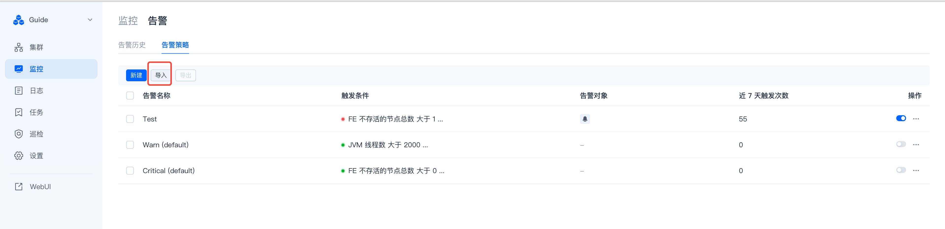 图片展示的是SelectDB Enterprise Manager监控告警页面中告警策略的导入界面。页面左侧有导航栏，中间上方有“监控”“告警”标签，当前选中“告警”。下方有“新建”“导入”按钮，其中“导入”按钮被红色框突出显示。右侧列表显示了告警策略名称、触发条件、告警对象、近7天触发次数及操作选项。该图片与上下文介绍的告警策略导入导出功能相关，直观呈现了导入告警策略的操作入口位置。