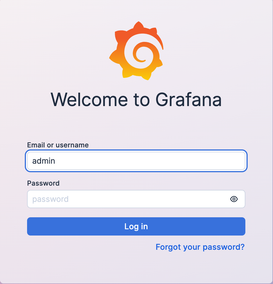 图片展示的是Grafana登录页面。页面顶部有Grafana的标志，下方是“Welcome to Grafana”的欢迎语。页面中有两个输入框，上方输入框提示“Email or username”，已输入“admin”；下方输入框提示“Password”，已输入“password”。页面底部有一个蓝色的“Log in”登录按钮，以及“Forgot your password?”的找回密码链接。该图片与文档中“新增图表”部分上下文相关，说明了登录Grafana页面的用户名和密码信息。