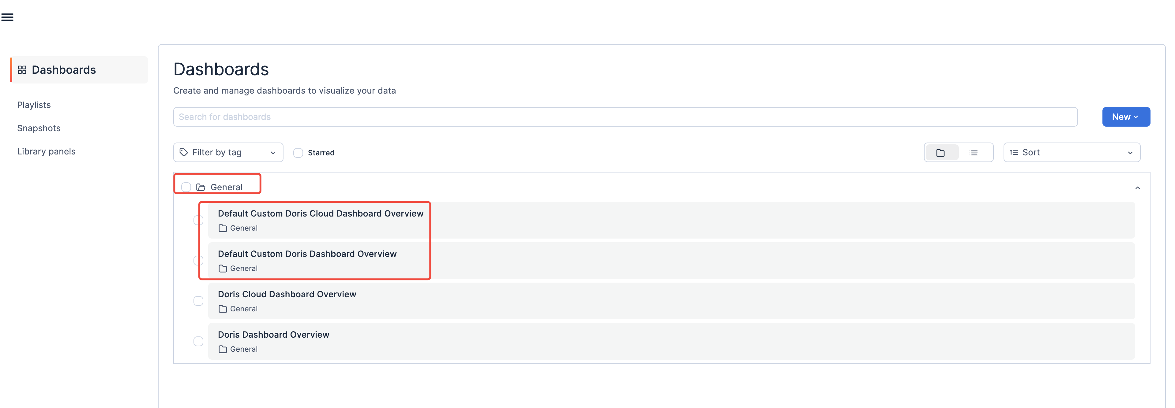 图片展示的是SelectDB Enterprise Manager监控页面中Grafana的Dashboard界面。界面左侧有“Dashboards”“Playlists”“Snapshots”“Library panels”等选项。右侧显示“Dashboards”下的内容，有“General”“Doris Cloud”“Doris”等分类，其中“General”分类下有“Default Custom Doris Cloud Dashboard Overview”“Default Custom Doris Dashboard Overview”等看板，这些看板名称前有可勾选的方框。该图与上下文介绍的编辑图表、新增图表等内容相关，直观呈现了可编辑的自定义看板。