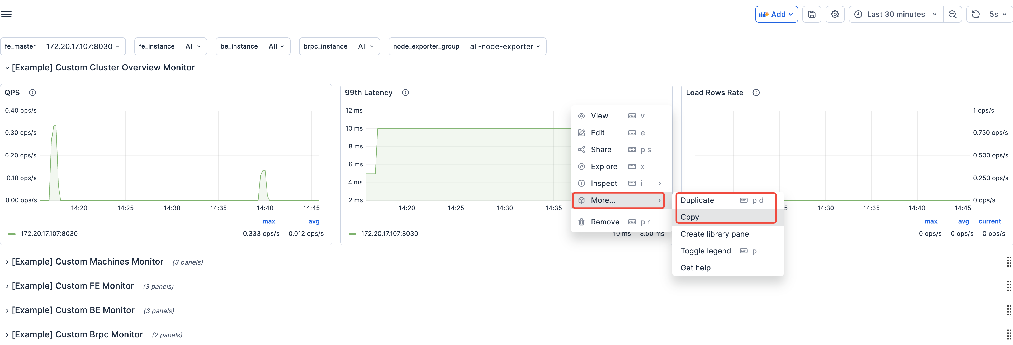 图片展示的是SelectDB Enterprise Manager监控页面中“[Example] Custom Cluster Overview Monitor”看板的界面。画面右侧有一个下拉菜单，其中“More...”选项被红色框突出显示。该图片与文档中“通过复制已有看板进行编辑”部分内容相关，用于说明在已有看板基础上进行编辑的操作步骤，即通过点击看板右上角的下拉菜单，选择“More...”中的“Copy”选项，可复制已有看板进行编辑。
