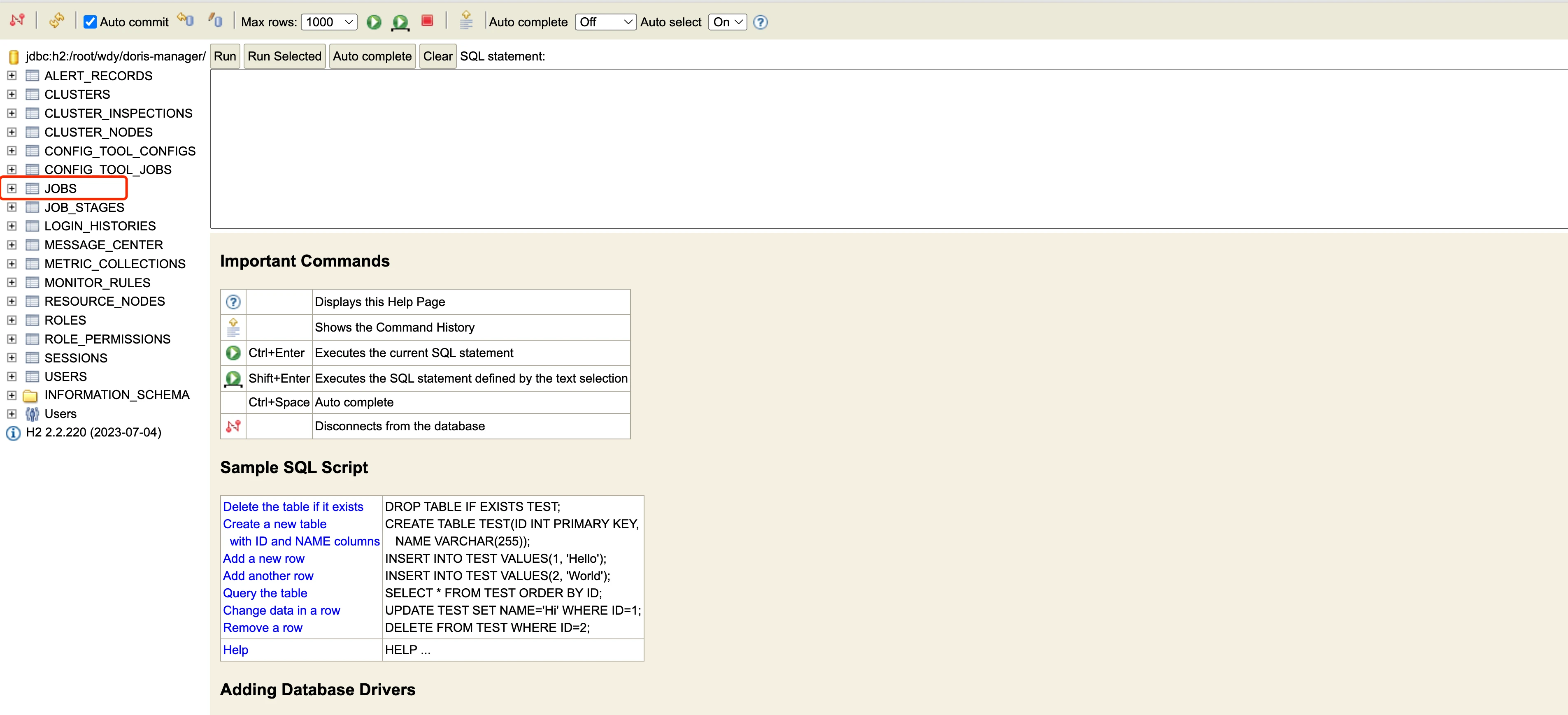 图片展示了MySQL数据库中JOBS表的界面。界面顶部有“Run”“Run Selected”“Auto complete”等选项。下方表格中显示了任务ID、任务名称、状态、开始时间、结束时间等信息，如任务ID为1000000000000000000的任务名称为“test”、状态为“Running”等。该图片与文档中“任务取消”部分相关，用于说明用户登录mysql数据库后找到JOBS这张表，点击表名中间输入框会自动出现查询语句，点击“Run”即可找到任务ID等操作。