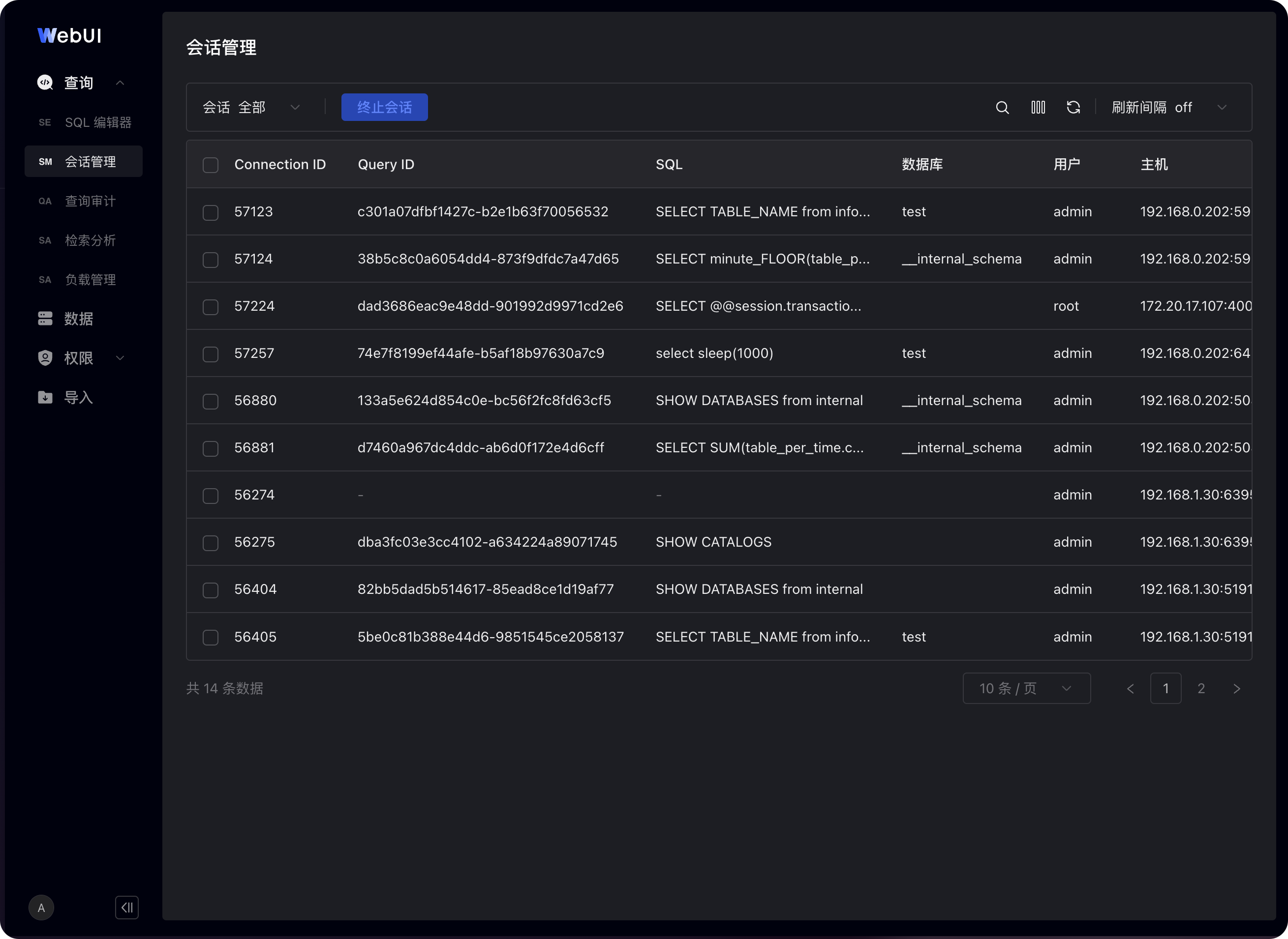 图片展示的是SelectDB Enterprise Manager数据开发WebUI中会话管理的界面。界面上方有“会话 全部”和“已终止”两个选项卡，当前选中“会话 全部”。下方表格列出了多个会话信息，包括Connection ID、Query ID、SQL语句、数据库、用户、主机等。如Connection ID为5723的会话，其Query ID为c304a07dfbf41427c-b2e19a3f700f66532，SQL语句为SELECT TABLE_NAME from info...等。该界面与上下文介绍的会话管理功能相关，可查看会话信息并强制终止不再使用的客户端连接。