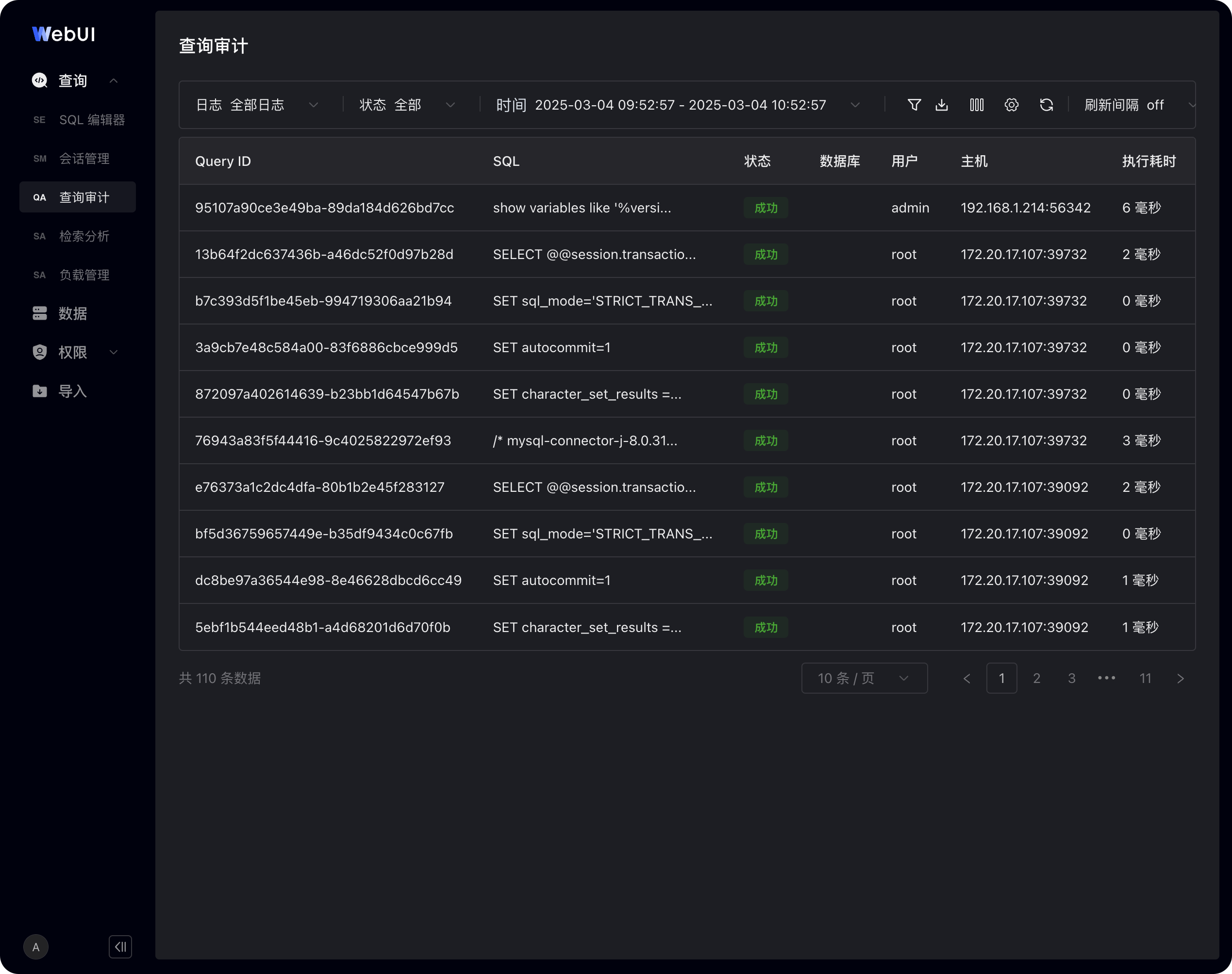 图片展示的是SelectDB Enterprise Manager数据开发WebUI中查询审计界面。界面上方显示“查询审计”标题，下方有“日志”“全局日志”“状态”“全部”“时间”等筛选栏。中间区域呈现了多条SQL查询记录，包括Query ID、SQL语句、状态、数据源、用户、主机、执行耗时等信息，如“951070a00ca3e498a - 89da4184a626d7cc”对应的SQL为“show variables like “%livers%””，状态为“成功”，用户为“admin”，主机为“192.168.121.56342”，执行耗时6毫秒。下方还有分页显示共110条数据。