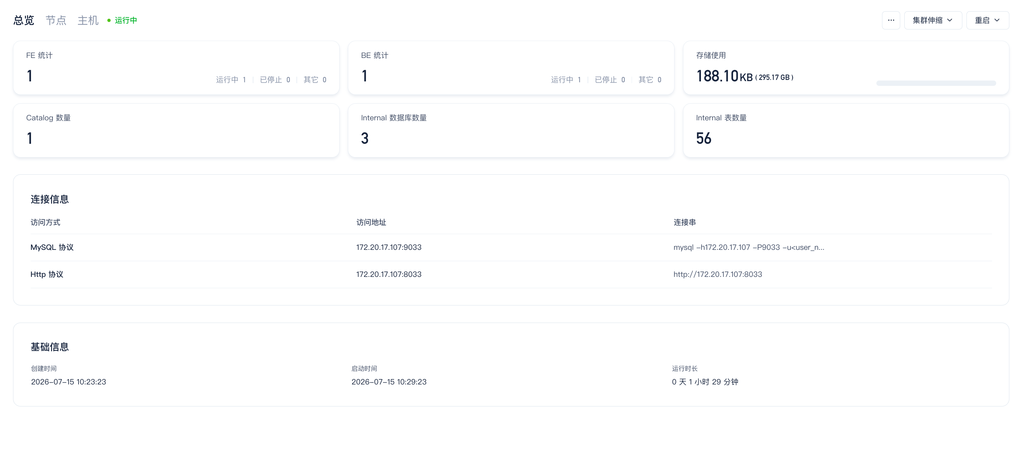 图片展示的是SelectDB Enterprise Manager中集群详情页面。页面上方有“总览”“节点”“主机”三个选项卡，当前选中“总览”。左侧显示FE统计、BE统计、存储使用、Catalog数量、Internal数据库数量、Internal表数量等信息。右侧有连接信息，包括MySQL协议的访问方式、访问地址、连接串，以及Http协议的访问地址。底部是基础信息，显示创建时间、启动时间及运行时长。该页面与文档中集群详情部分对应，直观呈现集群相关数据。