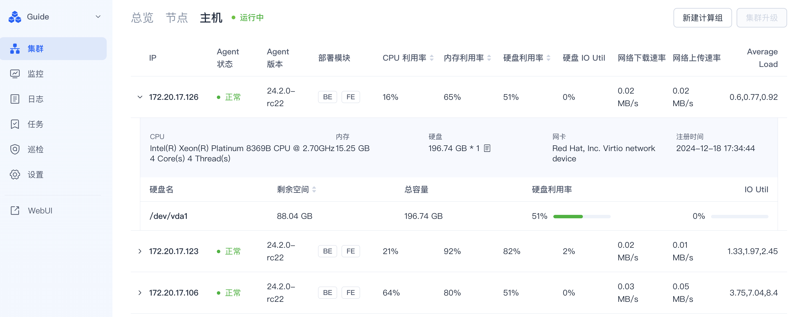 该图片是Enterprise Manager中集群详情页面的主机信息展示内容，展示了3个处于运行中状态的主机节点信息，每个节点包含IP、Agent状态、Agent版本、部署模块、各项资源利用率、网络传输速率等核心指标，还具体展示了对应节点的CPU、内存、网卡及磁盘相关参数，包含磁盘总容量、剩余空间和磁盘利用率的直观进度条标识，同时Agent状态均显示为正常，部署的模块均为BE模块，该页面可让用户清晰查看集群各主机的运行资源状况，辅助排查集群瓶颈。