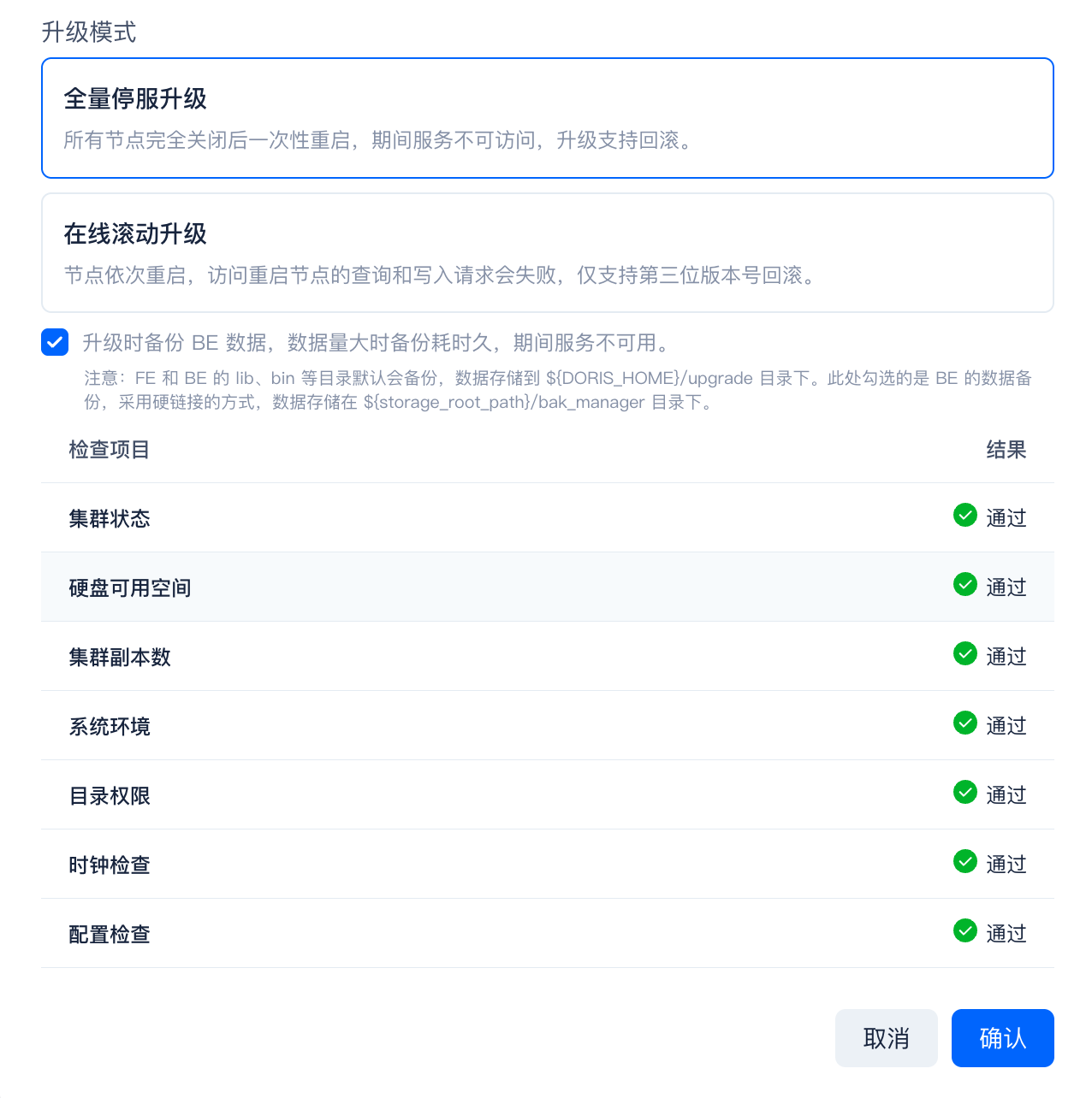 图片展示的是SelectDB Enterprise Manager集群升级中执行升级检查后的页面。页面上方有“升级模式”选项，选中“全量停服升级”。下方有“在线滚动升级”选项。页面中部列出检查项目及结果，如集群状态、硬盘可用空间、集群副本数等，均显示“通过”。底部有“取消”和“确认”按钮。该图片与文档中“执行升级检查”内容相关，呈现了检查结束后的页面情况。