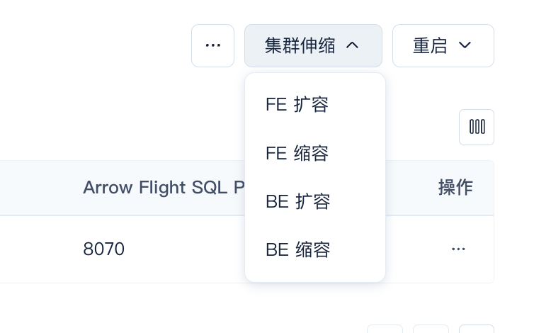 这张图片是SelectDB Enterprise Manager的集群伸缩功能的操作界面，页面上方右侧有“集群伸缩”按钮，点击该按钮后展开下拉菜单，菜单内依次显示FE扩容、FE缩容、BE扩容、BE缩容四个伸缩操作选项，界面中还能看到Arrow Flight SQL相关节点条目及对应操作入口，该界面用于执行集群的节点扩容或缩容相关操作，和文档中“集群伸缩”功能的操作说明相匹配。