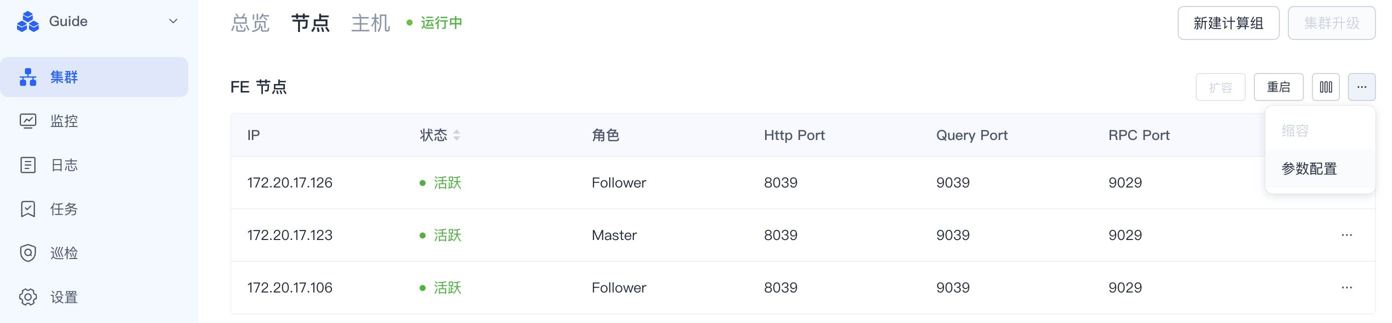 图片展示的是SelectDB Enterprise Manager的集群管控页面。左侧导航栏选中“集群”选项，右侧显示FE节点信息，包括IP、状态、角色、Http Port、Query Port、RPC Port等。其中IP为172.20.17.126、172.20.17.123、172.20.17.106的节点状态均为活跃，角色有Follower和Master，各端口数值相同。页面右上角有“新建计算组”“集群升级”“扩容”“重启”等操作按钮，右侧还有“描述”“参数配置”等选项。该图与文档中“配置查看”操作步骤相关，展示了参数配置前的集群节点状态页面。