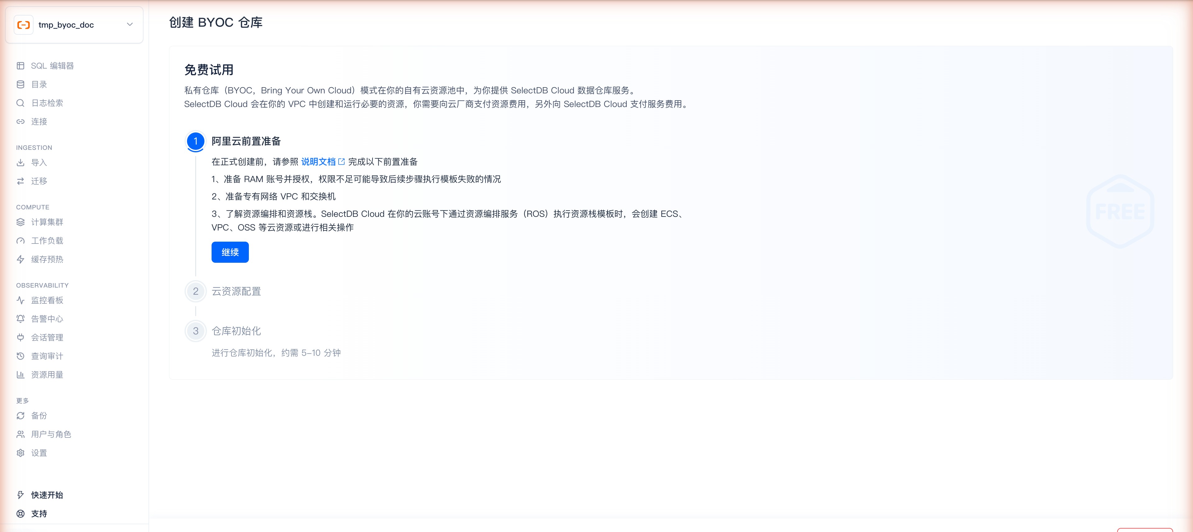 创建 BYOC 仓库 · ① 阿里云前置准备（RAM 授权 / 准备 VPC 交换机 / 了解 ROS）